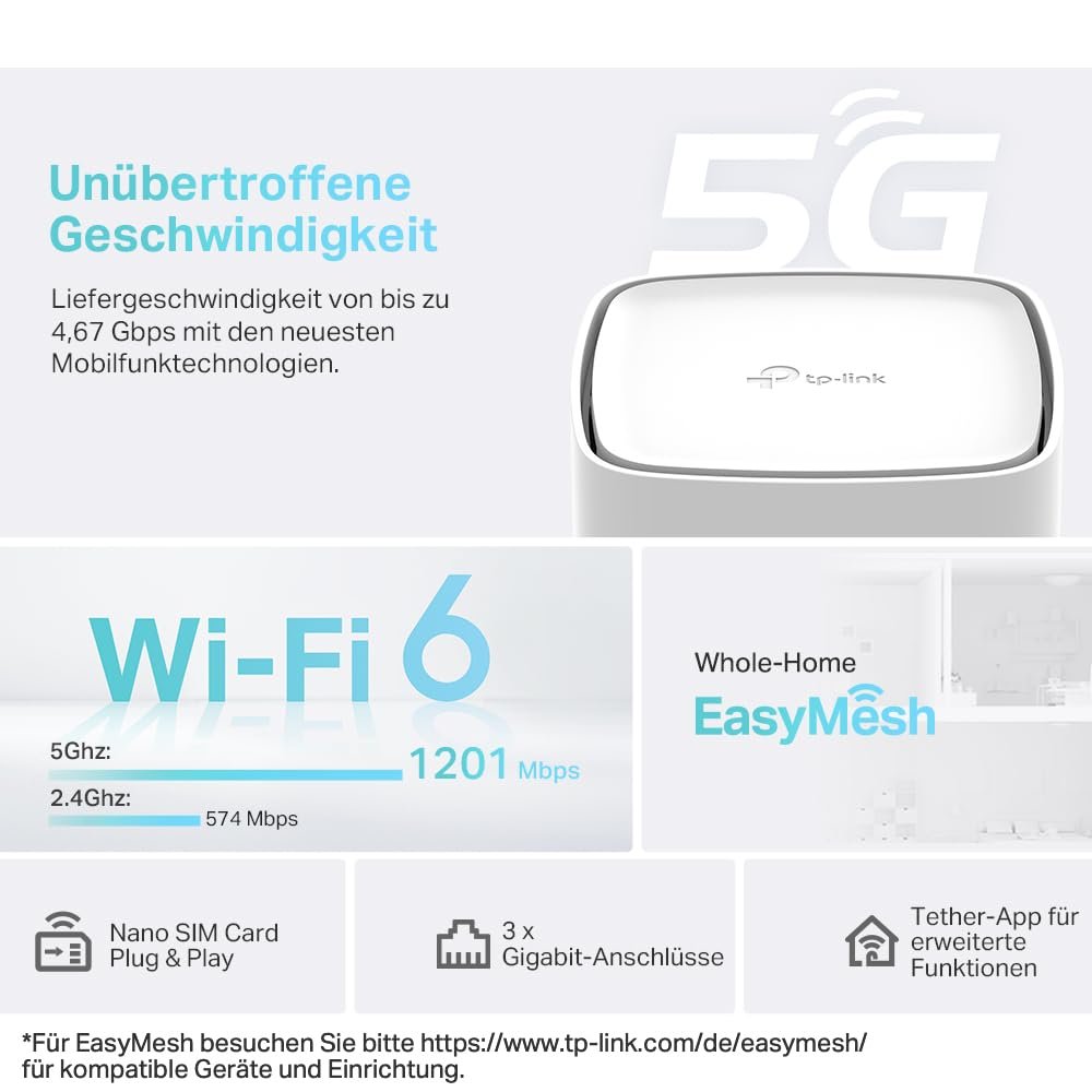 TP-Link Archer NX200 5G Router AX1800 WLAN 6 mit SIM-Karte, Dualband, 3 Gigabit-Ports, Plug-and-Play