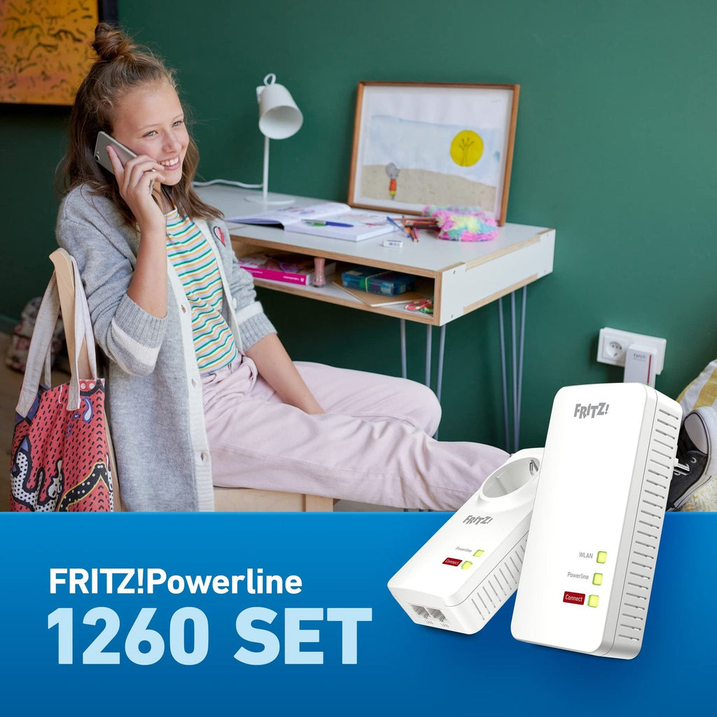 FRITZ!Powerline 1260/1220 WLAN Set – 1.200 MBit/s Heimnetz über Stromleitung, WLAN Mesh, Gigabit-LAN