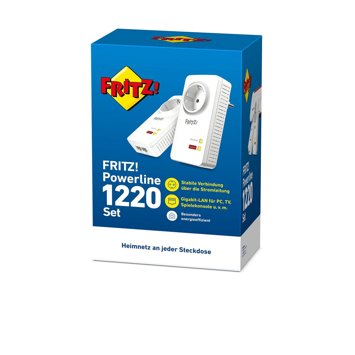 FRITZ!Powerline 1220 Set mit 1.200 MBit/s und 2x Gigabit-LAN je Adapter – Netzwerk über Stromleitung