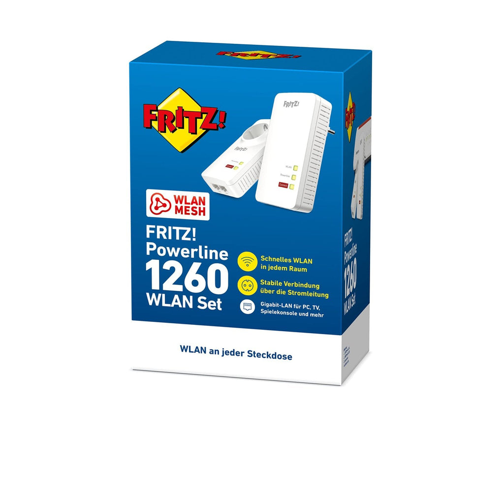 FRITZ!Powerline 1260/1220 WLAN Set – 1.200 MBit/s Heimnetz über Stromleitung, WLAN Mesh, Gigabit-LAN