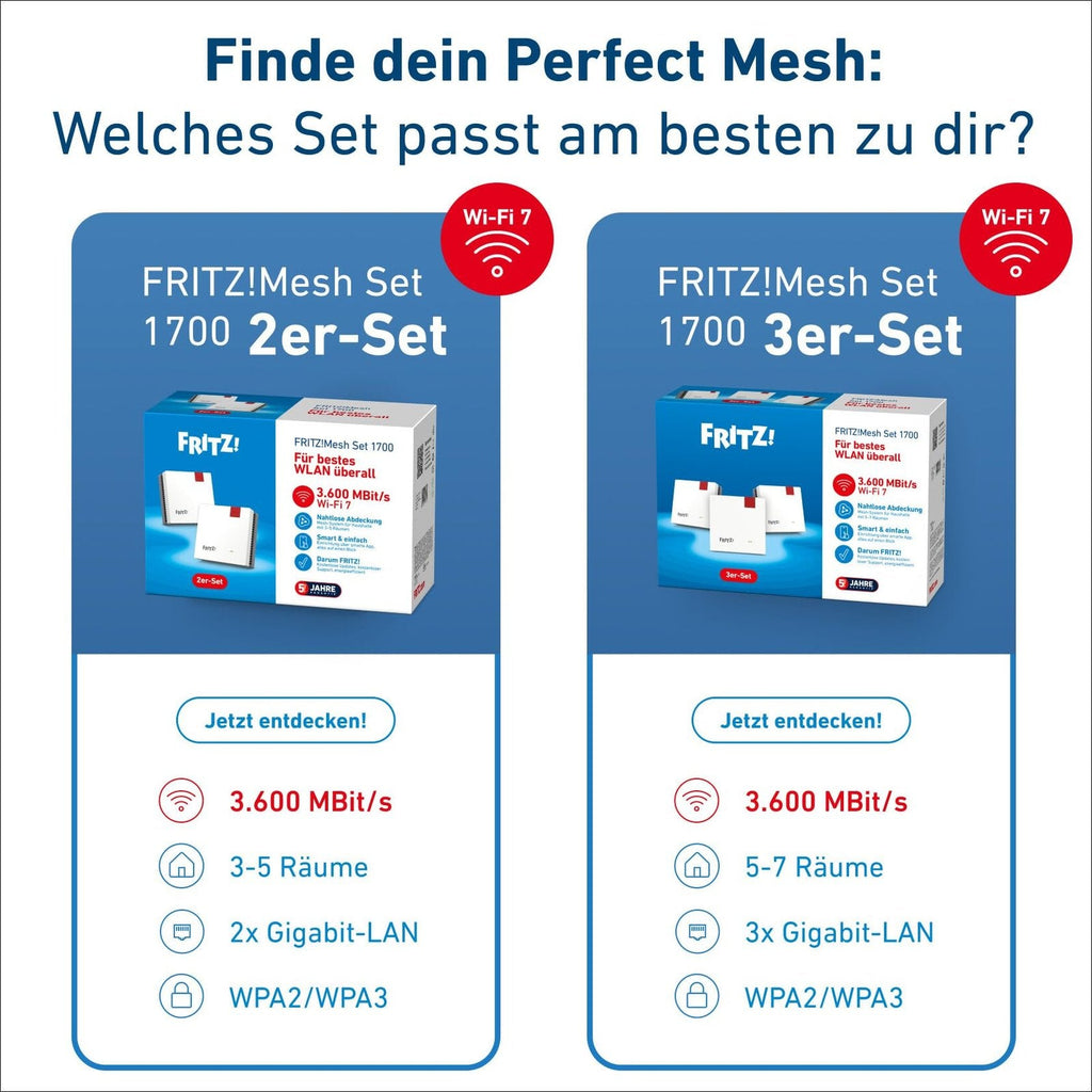 FRITZ!Mesh Set 1700 3er-Set Wi-Fi 7 bis 3.600 MBit/s WLAN-Abdeckung 5-7 Räume Repeater weiß